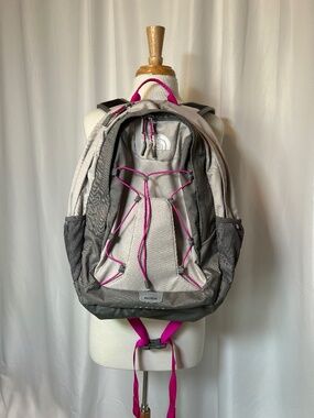GREY THE NORTH FACE JESTER BACKPACK WITH PINK CORDS AND STRAPS